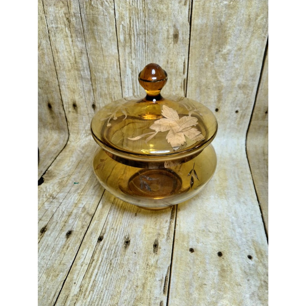 Vtg Amber Candy Dish w/ Lid Gold Leaves Glass Made in Romainia (su2)